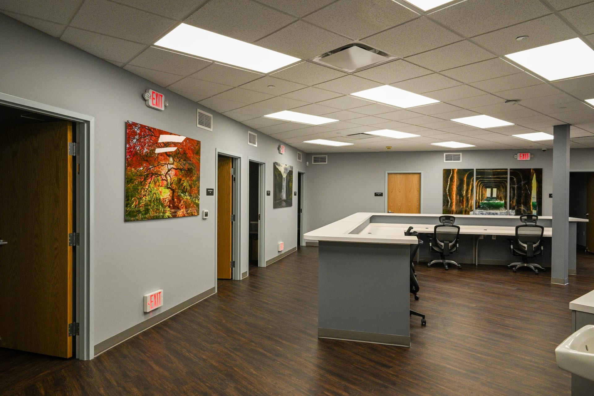 Modern orthopaedic clinic reception area with workstations and nature artwork